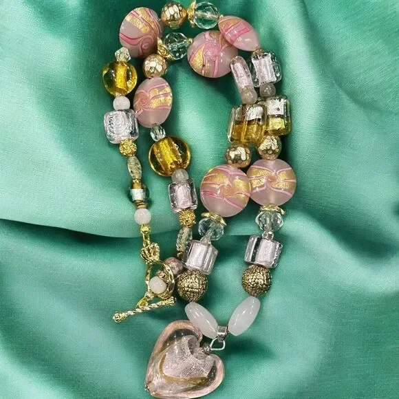 Rare One of a Kind Handmade Necklace w/ Graffiti & Gold Murano Glass Beads 18kGP - Picture 2 of 8